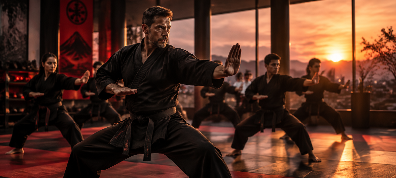Martial arts instructor leading a class at sunset